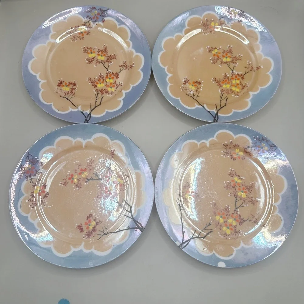 Vintage Japanese Lusterware Plates Set of 4 Salad Cherry Blossom As-Is Read